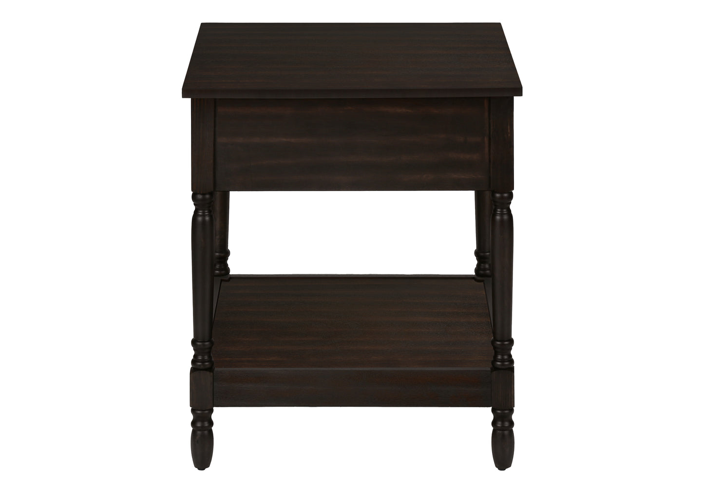 Dark brown wooden nightstand with turned legs and lower shelf