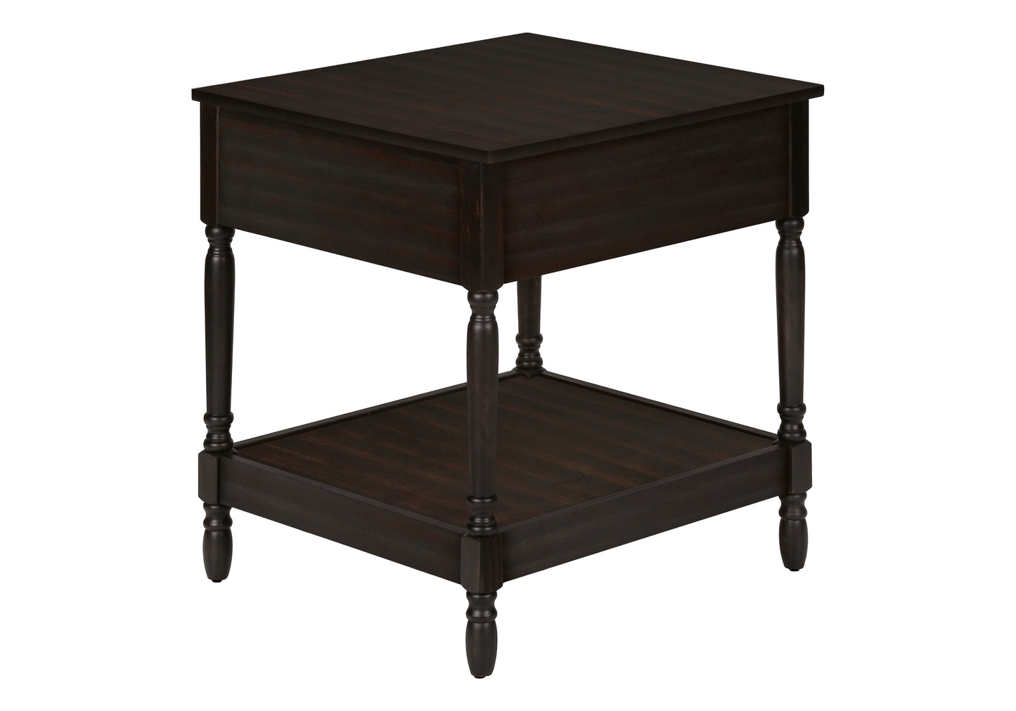 Dark espresso wood accent table with spindle legs and a lower shelf for display
