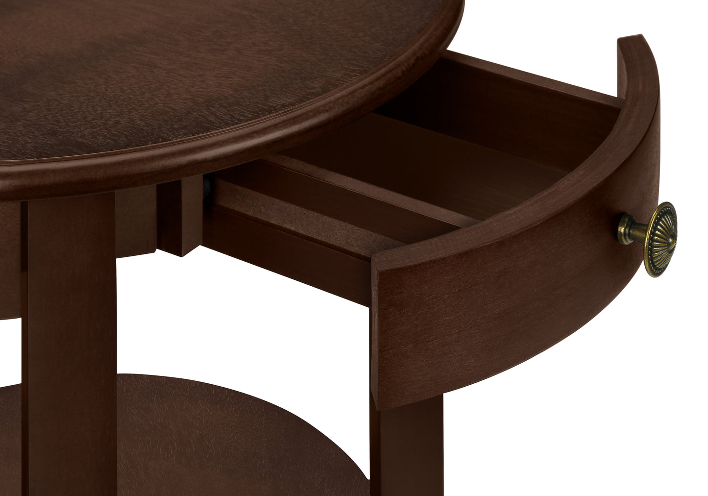 Dark brown round wooden accent table with antique brass knob and open drawer