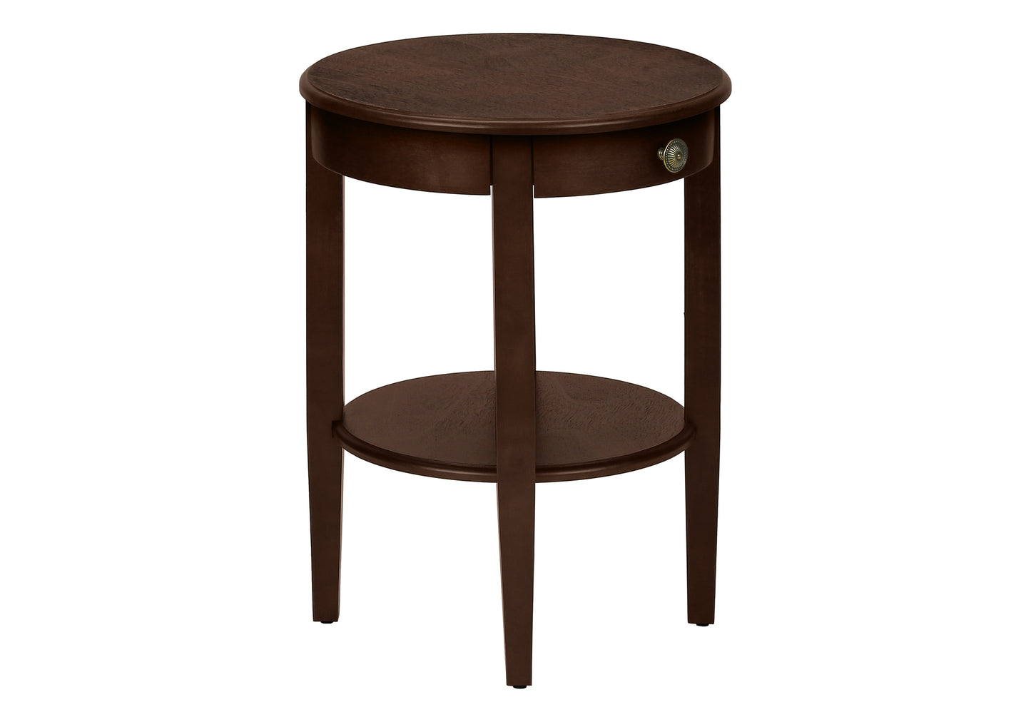 Dark wood round end table with single drawer and brass knob