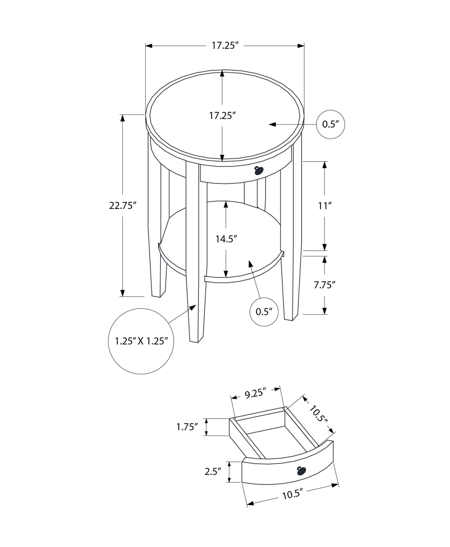 Diagram of a round side table with dimensions diameter and height