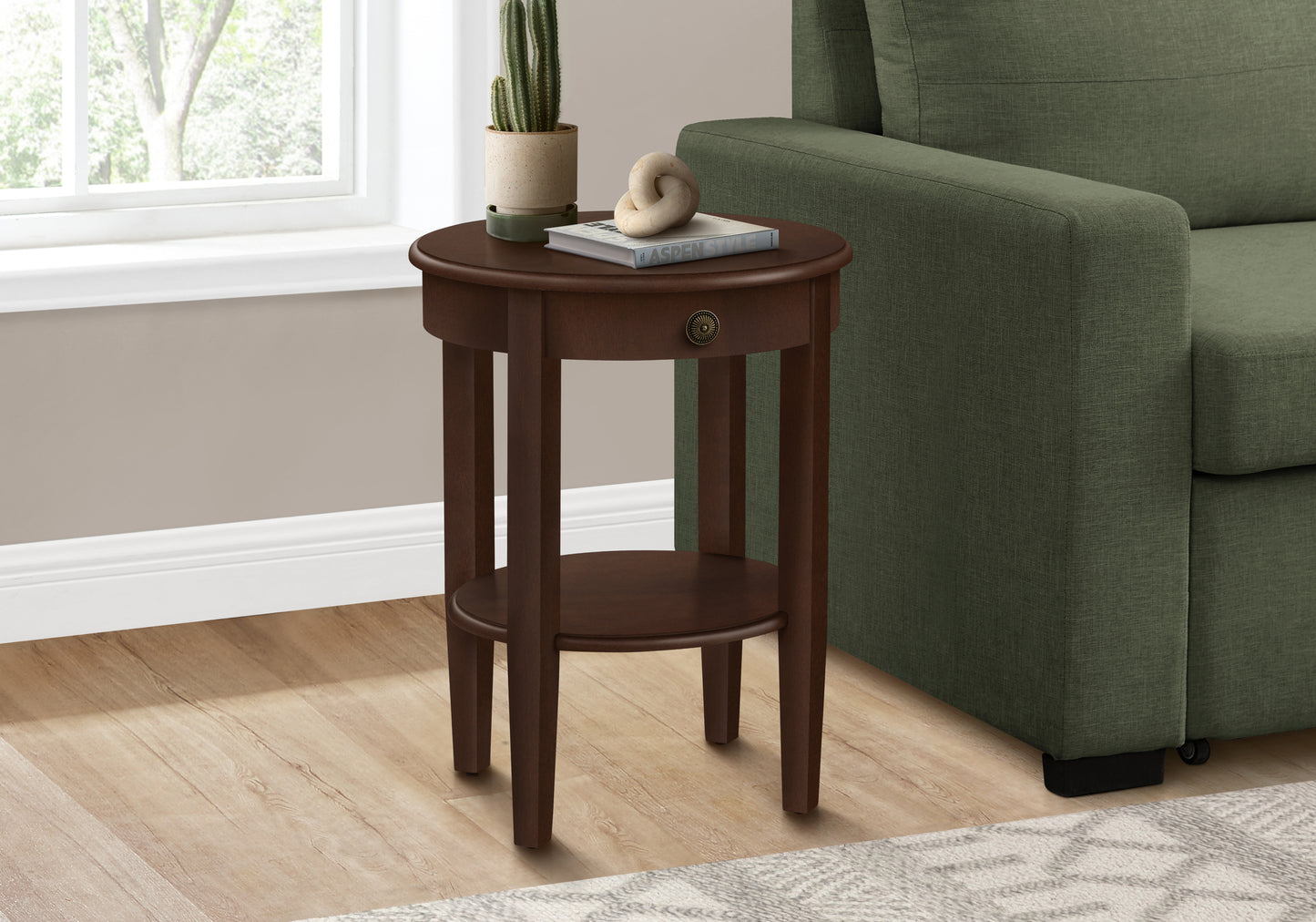 Round mahogany wood end table with one drawer and lower shelf perfect for living rooms