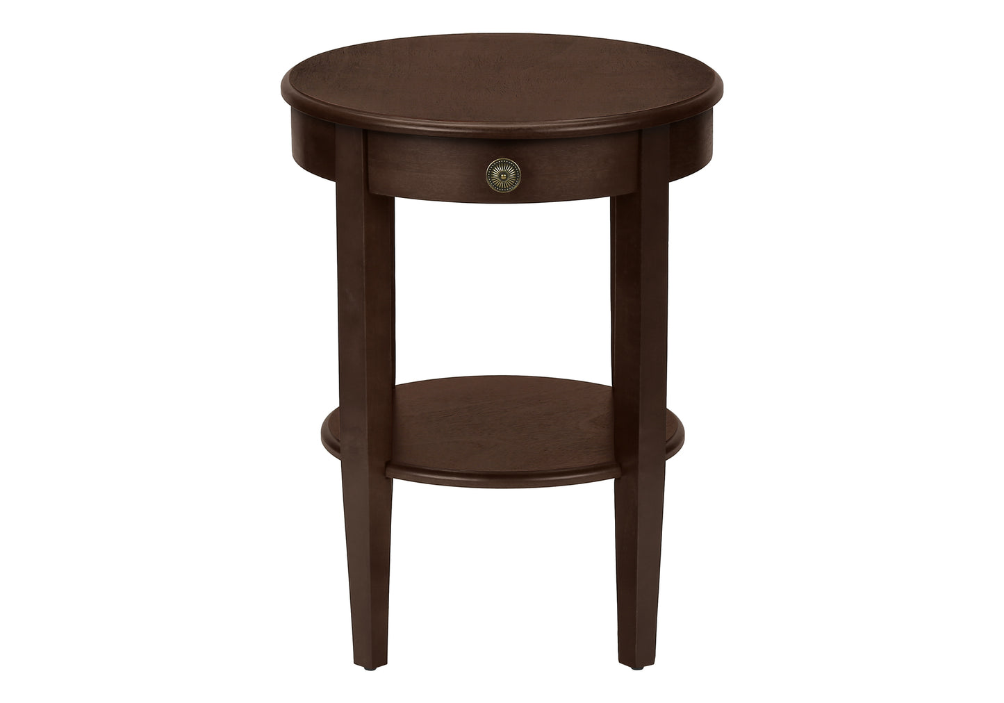 Dark brown wooden round end table with a single drawer and lower shelf for living room decor