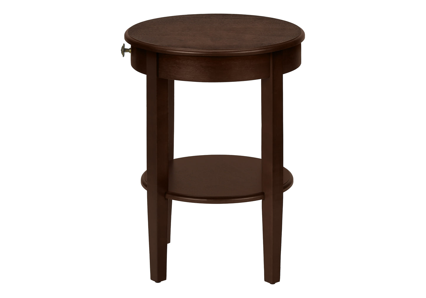 Dark brown wooden end table with one drawer and a lower shelf