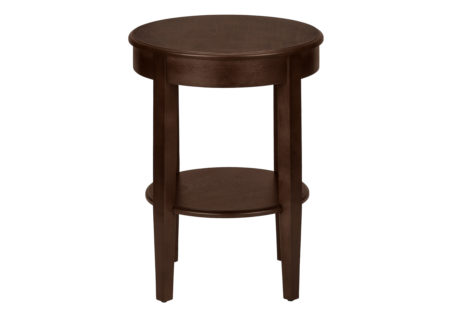 Dark brown wood accent table with two round shelves and tapered legs