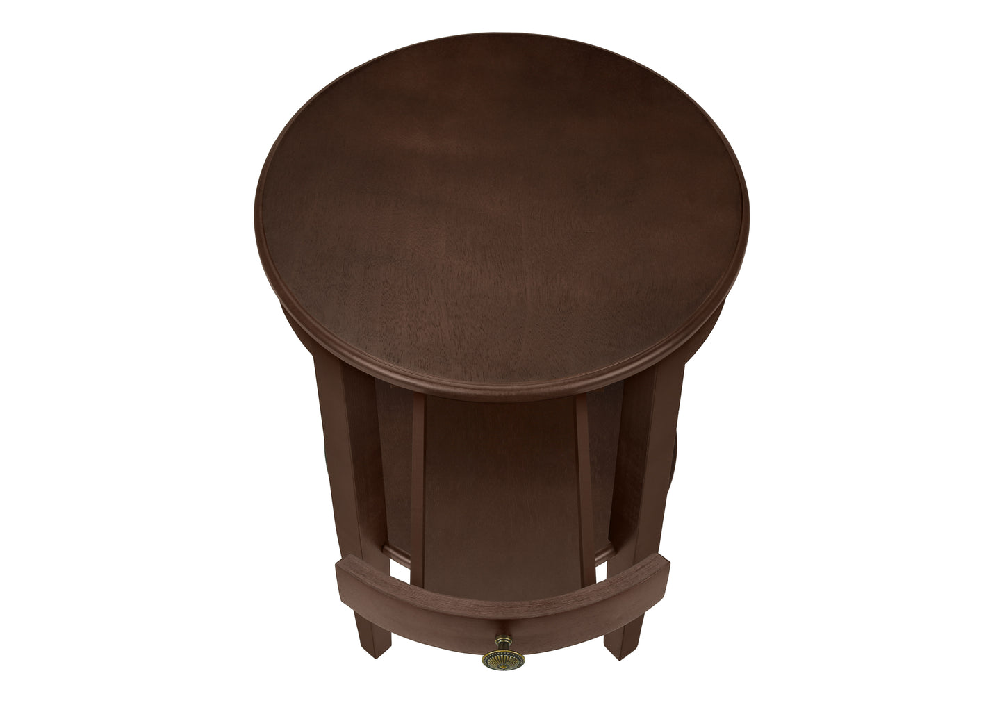 Dark brown wooden end table with a round top and a decorative brass knob on the drawer