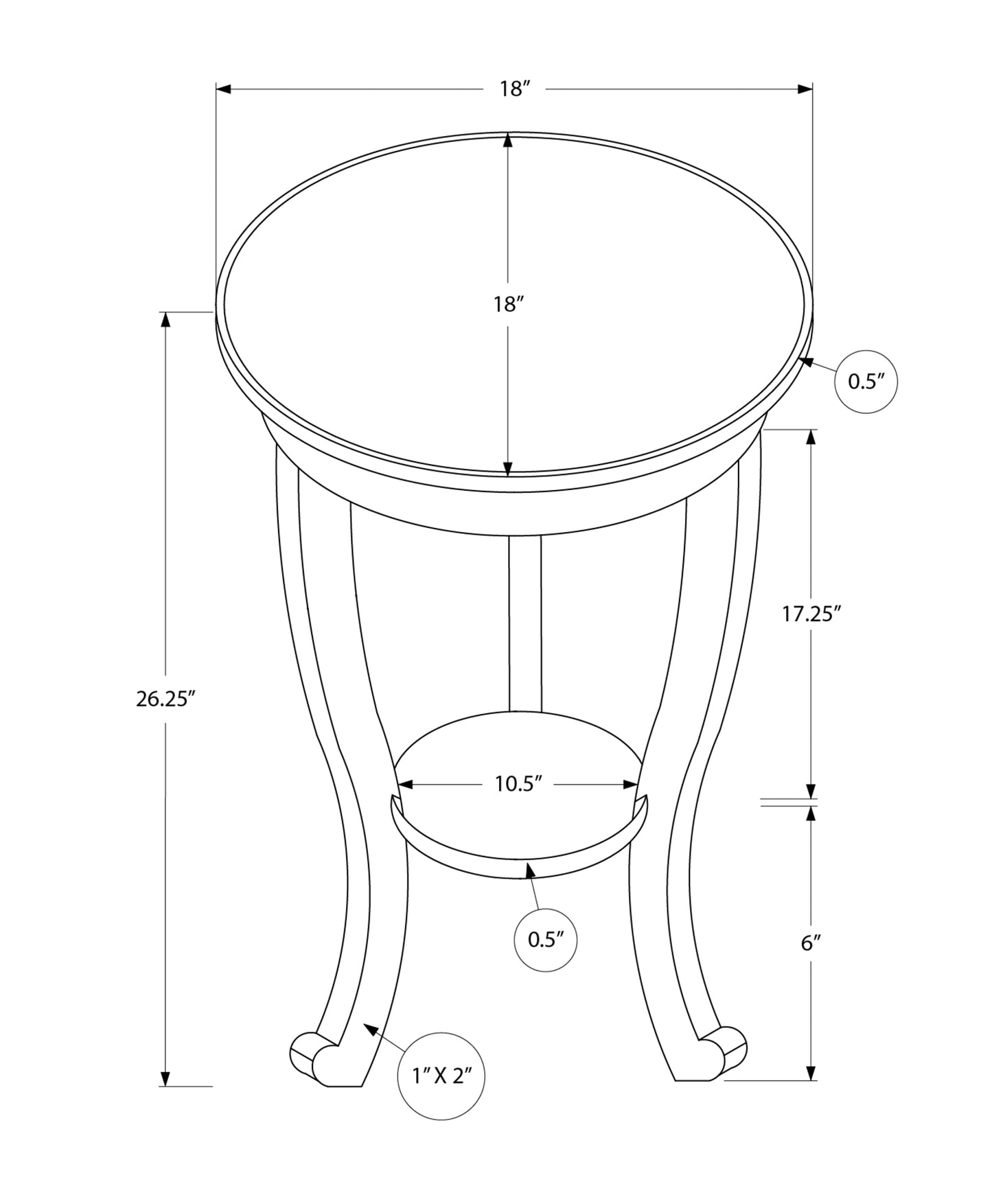 Line drawing of an inch round accent table with a lower shelf and detailed dimensions shown