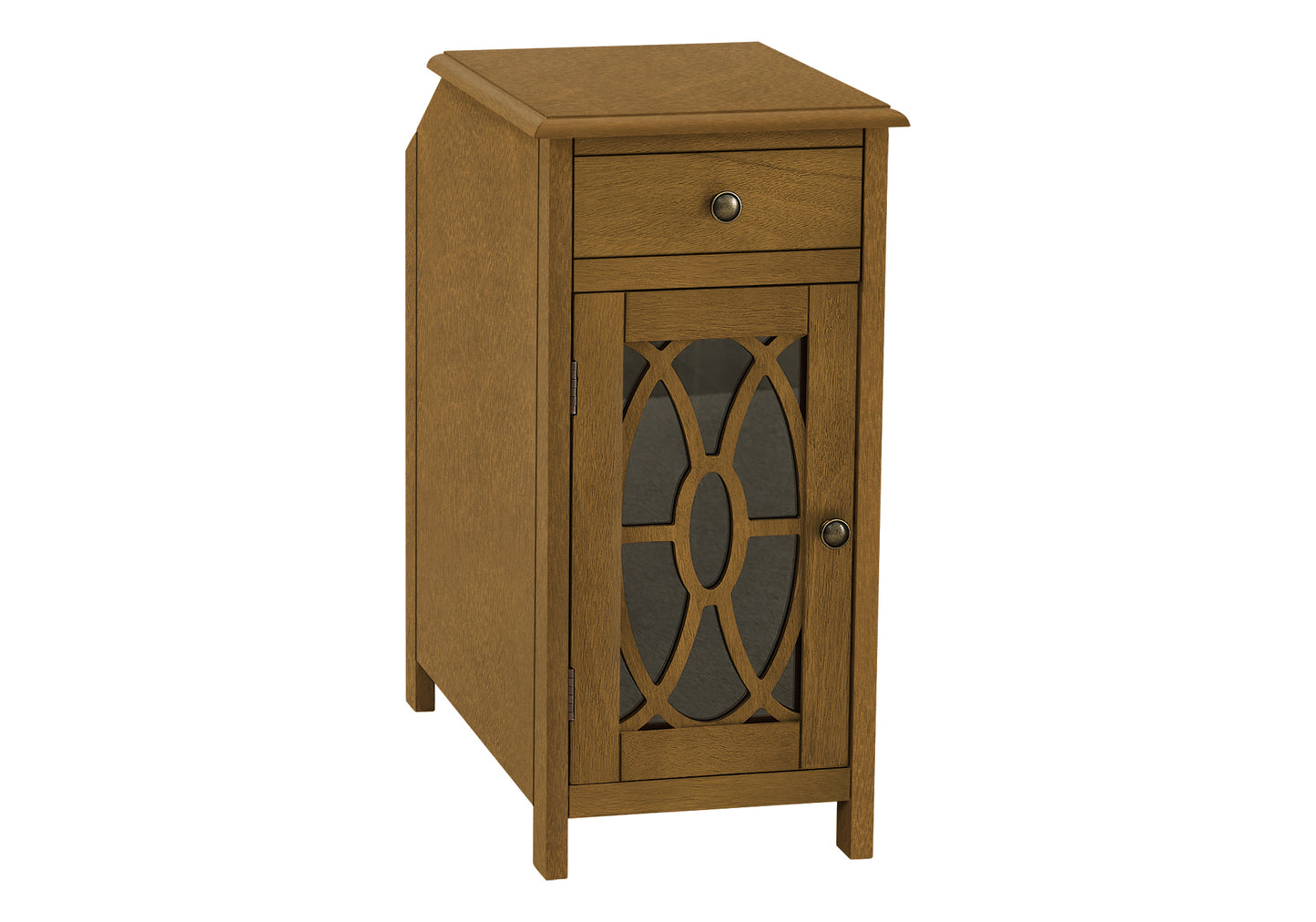 Tall narrow brown wood accent cabinet with one drawer and decorative glass door