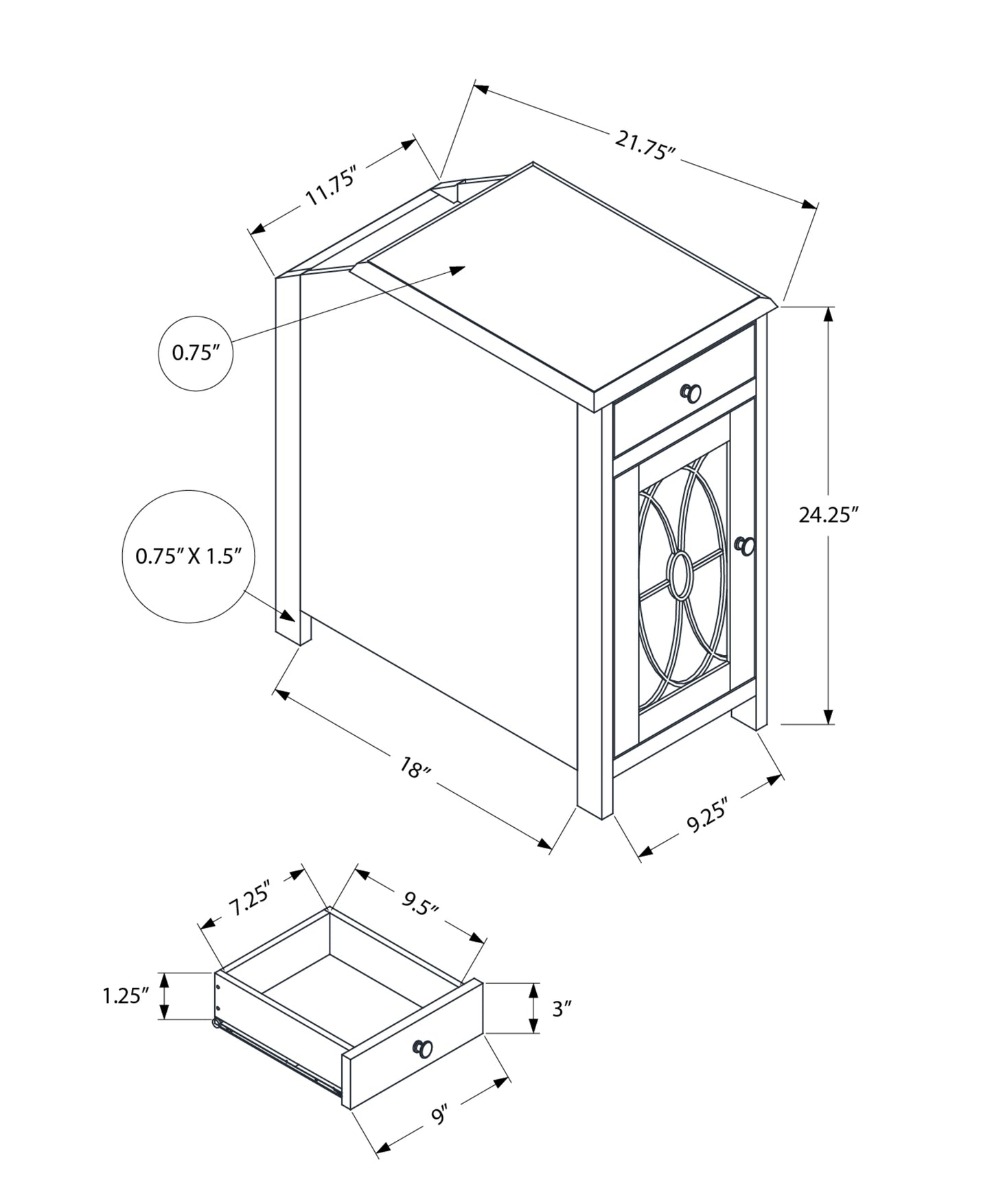 Technical drawing of a single drawer accent table with dimensions indicated