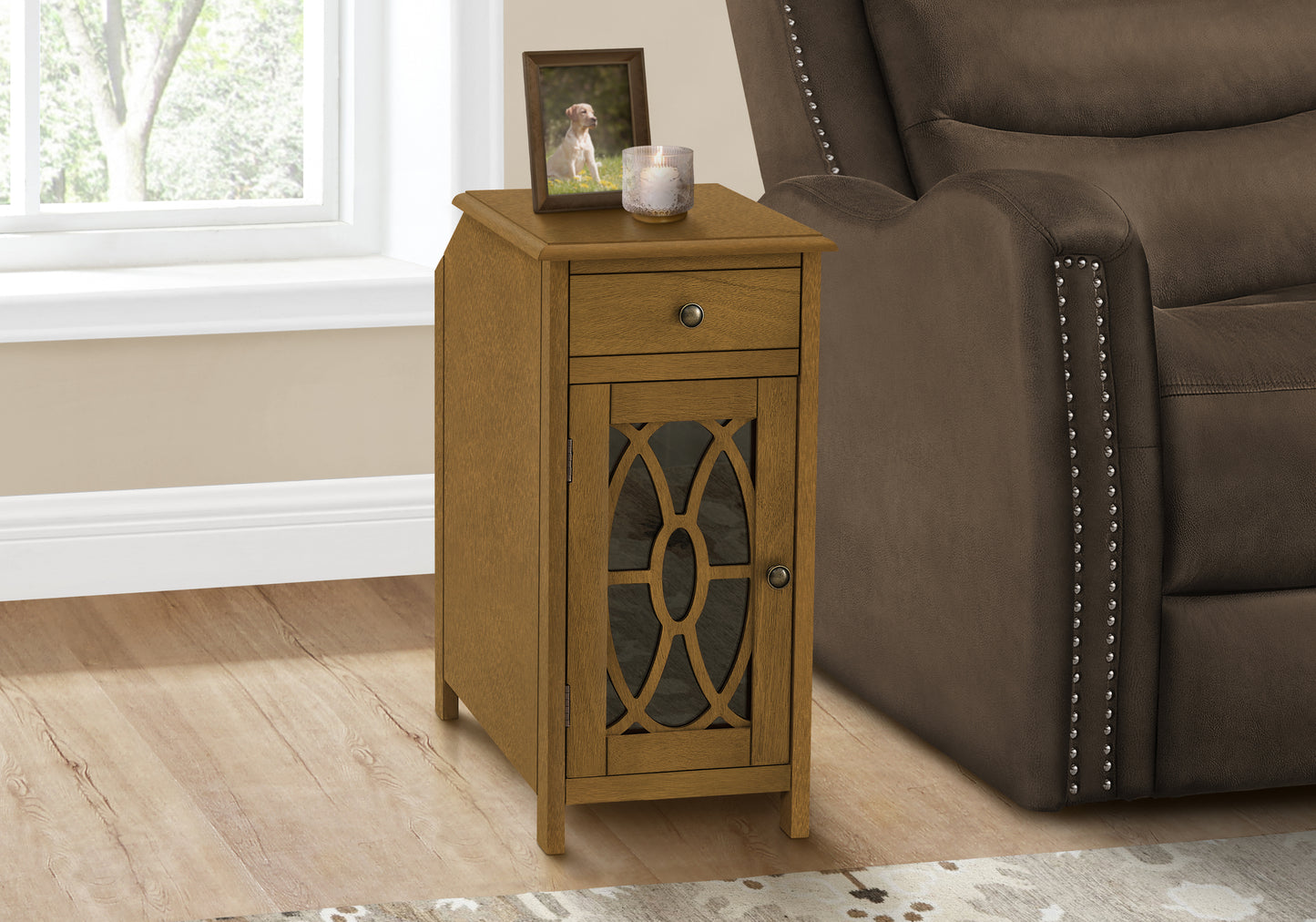 Wooden accent table with glass door and drawer perfect for living rooms