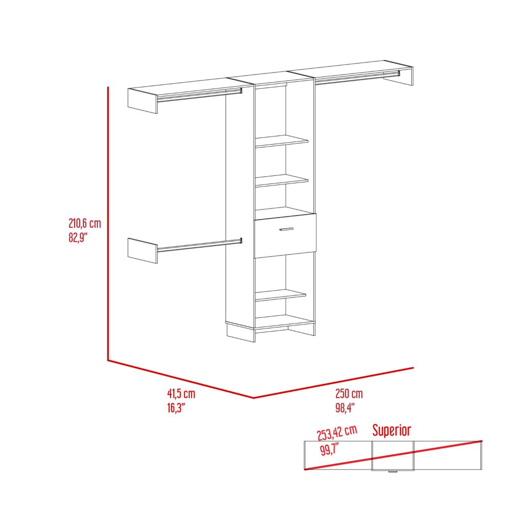 White modular closet organizer with shelves and hanging rod