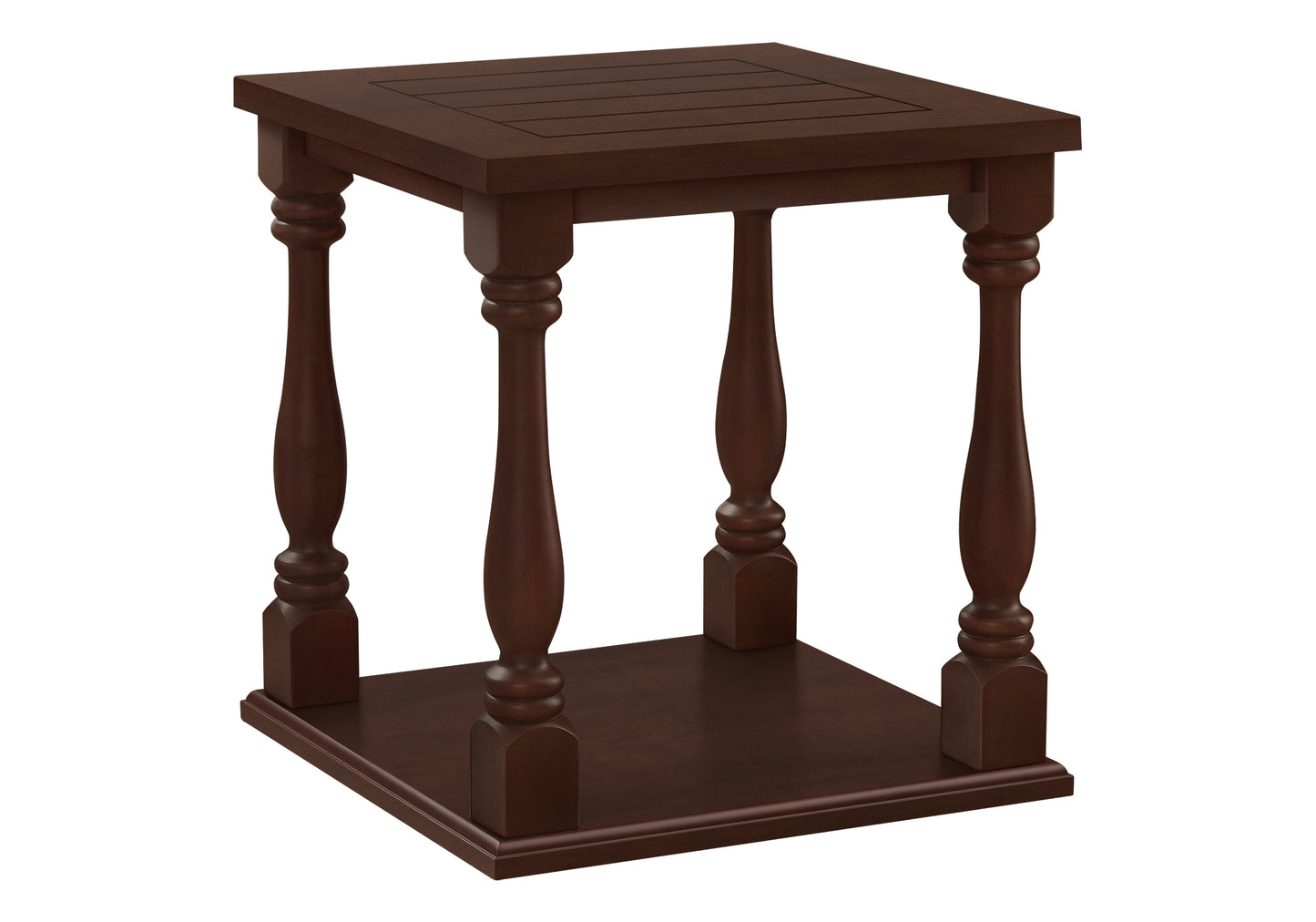 Dark brown wooden end table with turned legs and slatted top