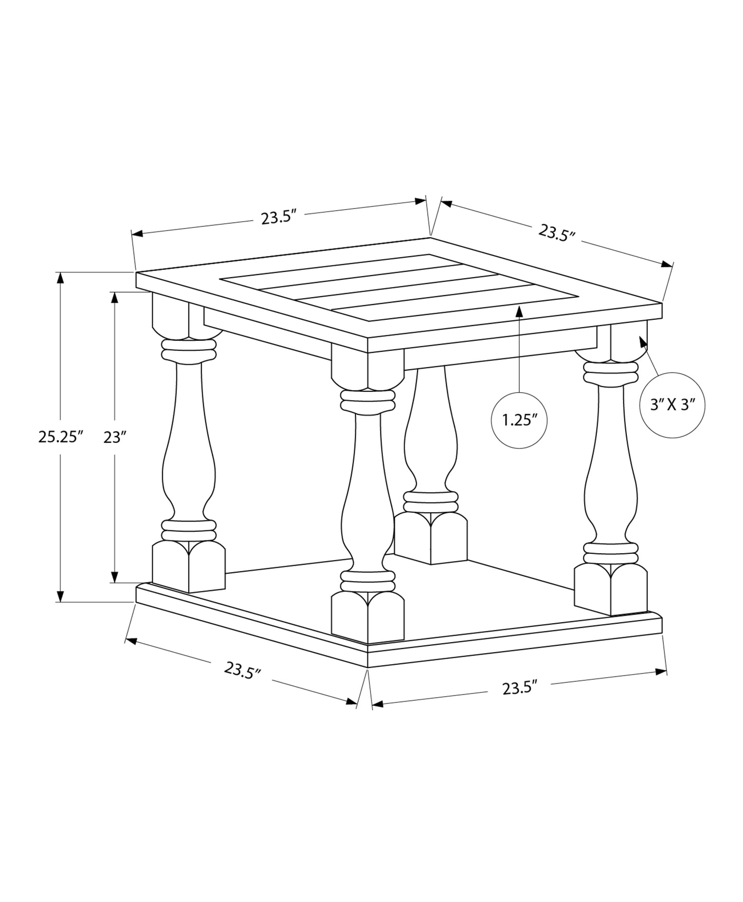 Technical drawing of a inch square wooden end table with fluted legs and slatted top
