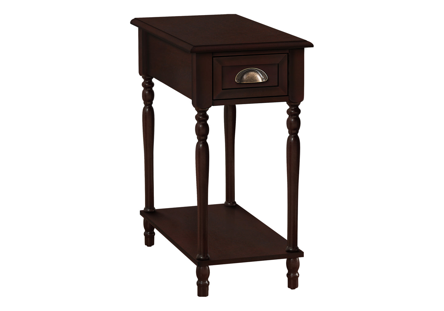 Dark brown wooden accent table with one drawer and lower shelf