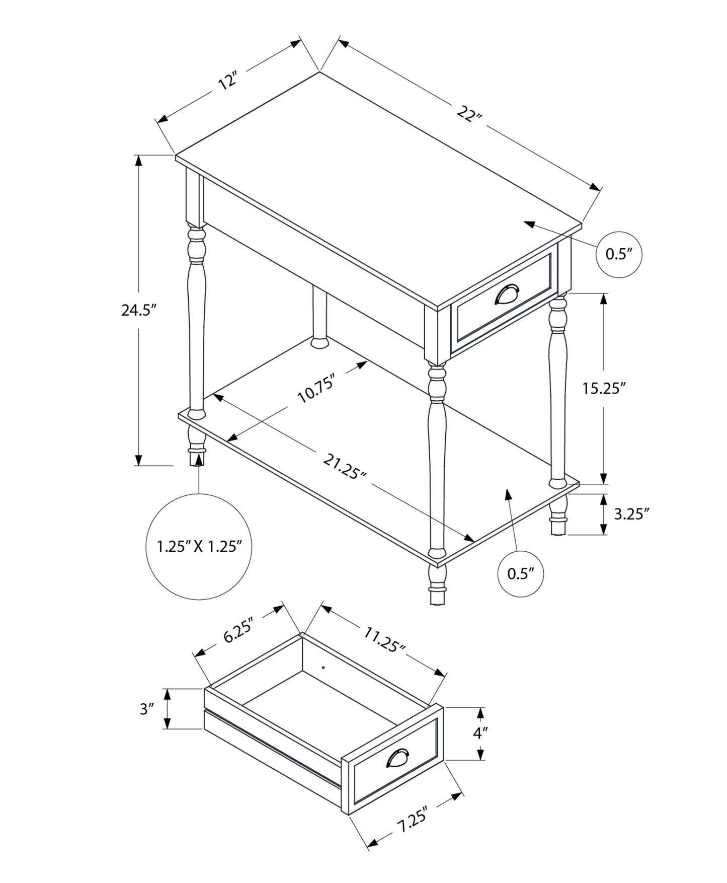 Technical drawing of a white accent table with spindle legs and one drawer