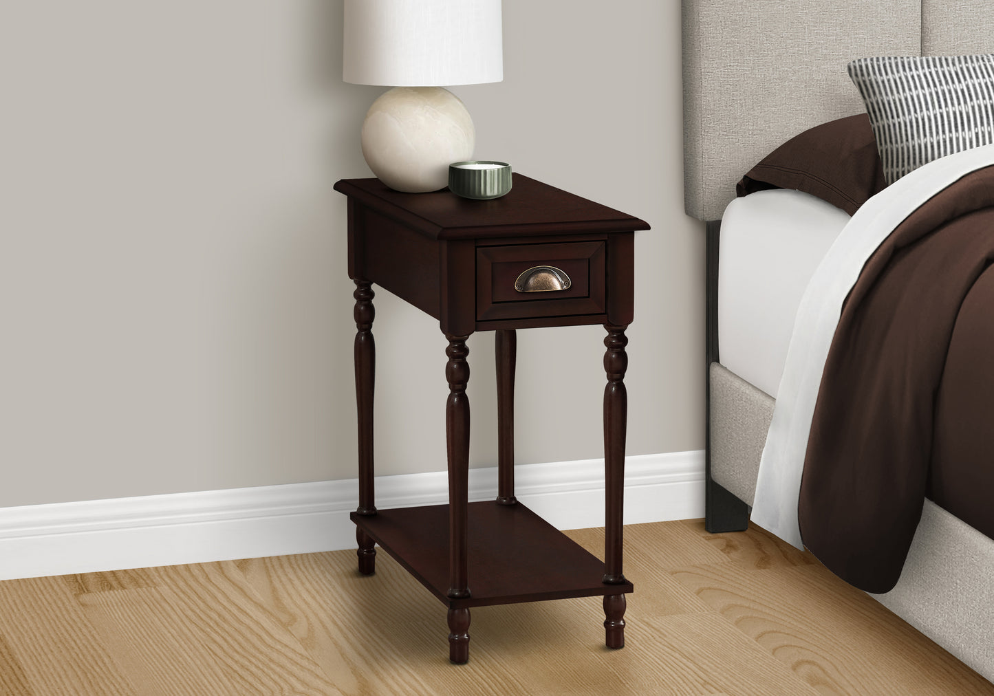 Dark brown wooden accent table with one drawer and a lower shelf