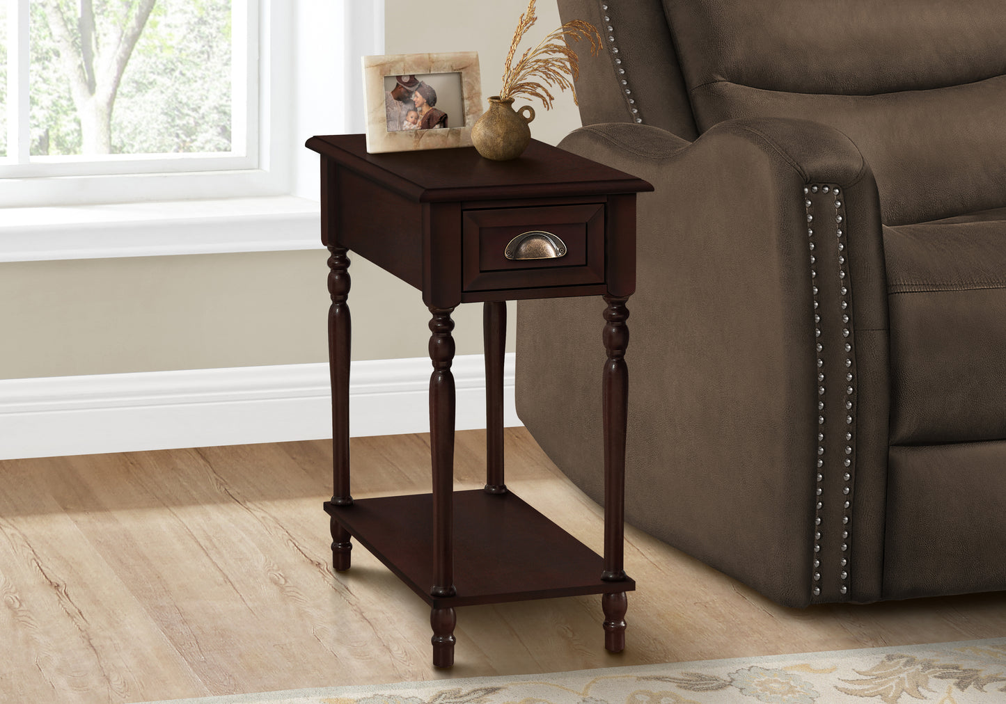 Dark wood accent table with a single drawer and lower shelf perfect for small spaces