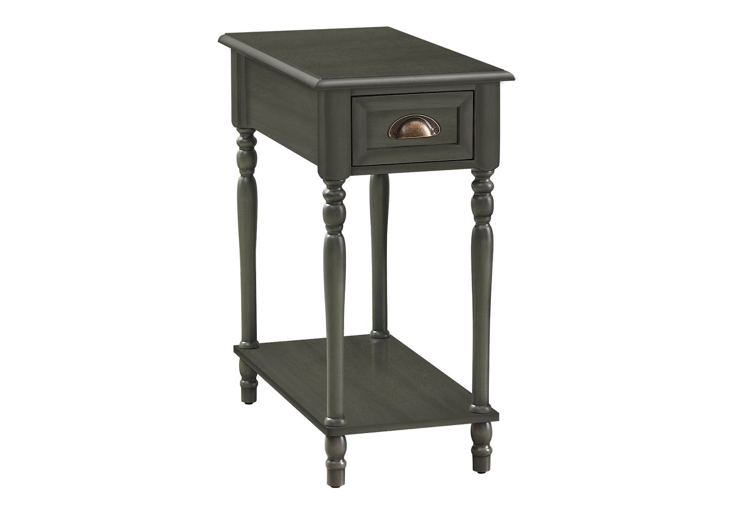 Gray wooden side table with one drawer and decorative turned legs