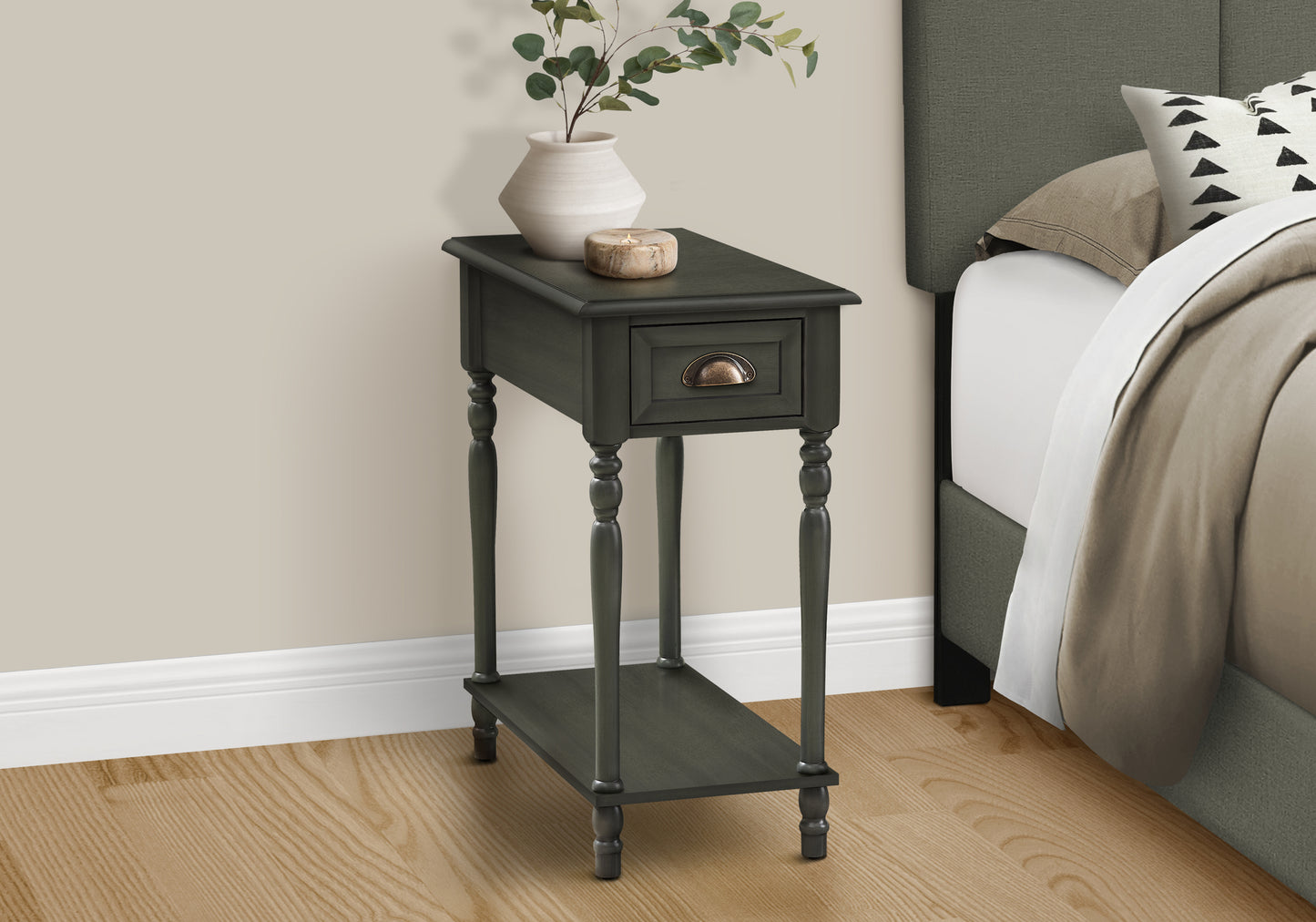 Dark gray wooden accent table with one drawer and lower shelf a classic choice