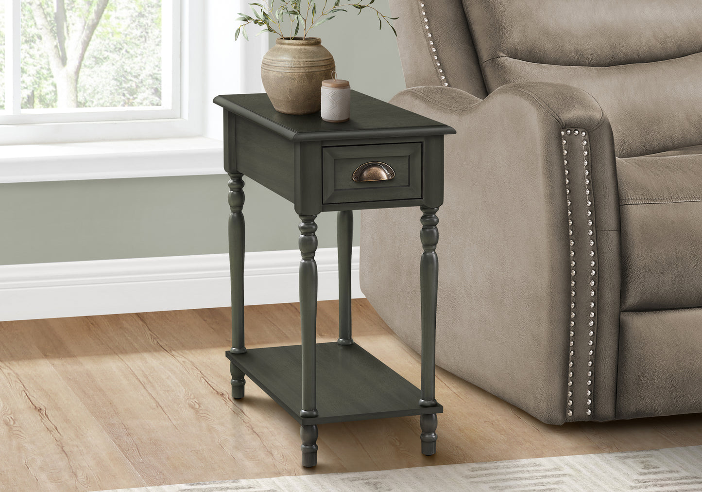 Dark gray accent table with one drawer and decorative turned legs