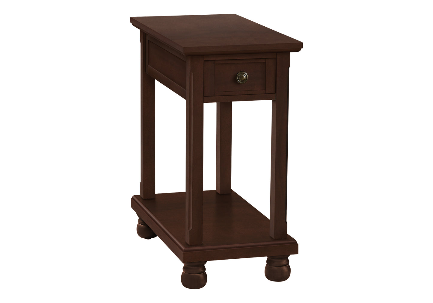 Dark brown accent table with single drawer and lower shelf