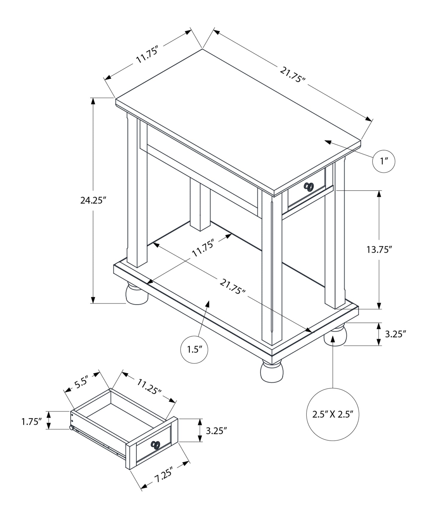 Technical drawing of a wooden end table with dimensions indicated for overall size and drawer compartment
