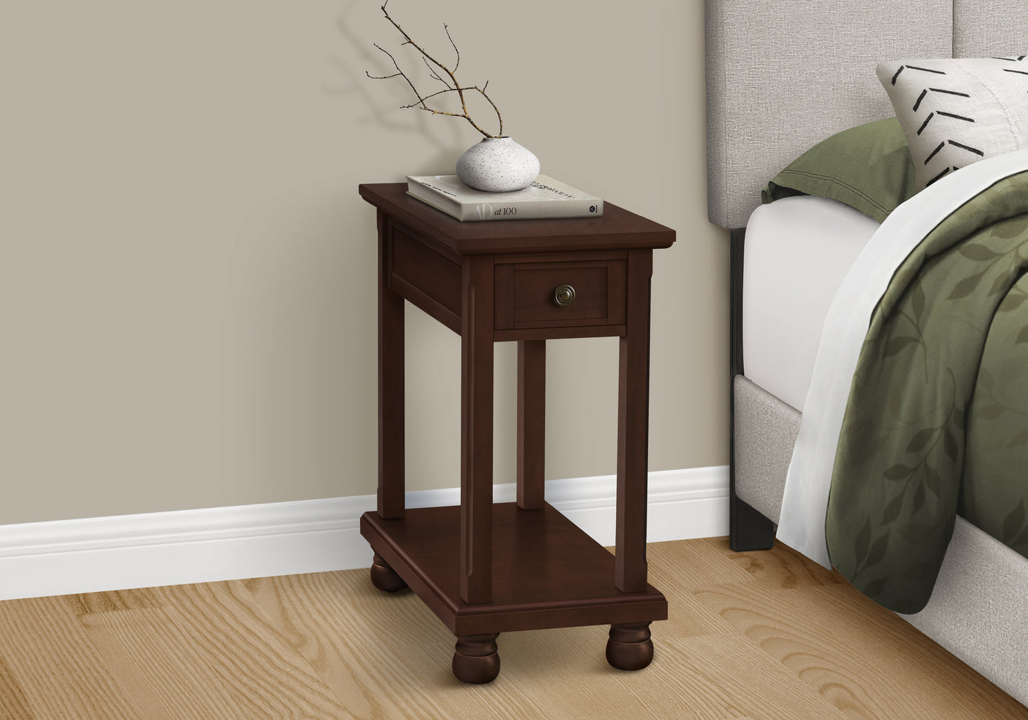 Dark brown wooden accent table with a drawer and lower shelf