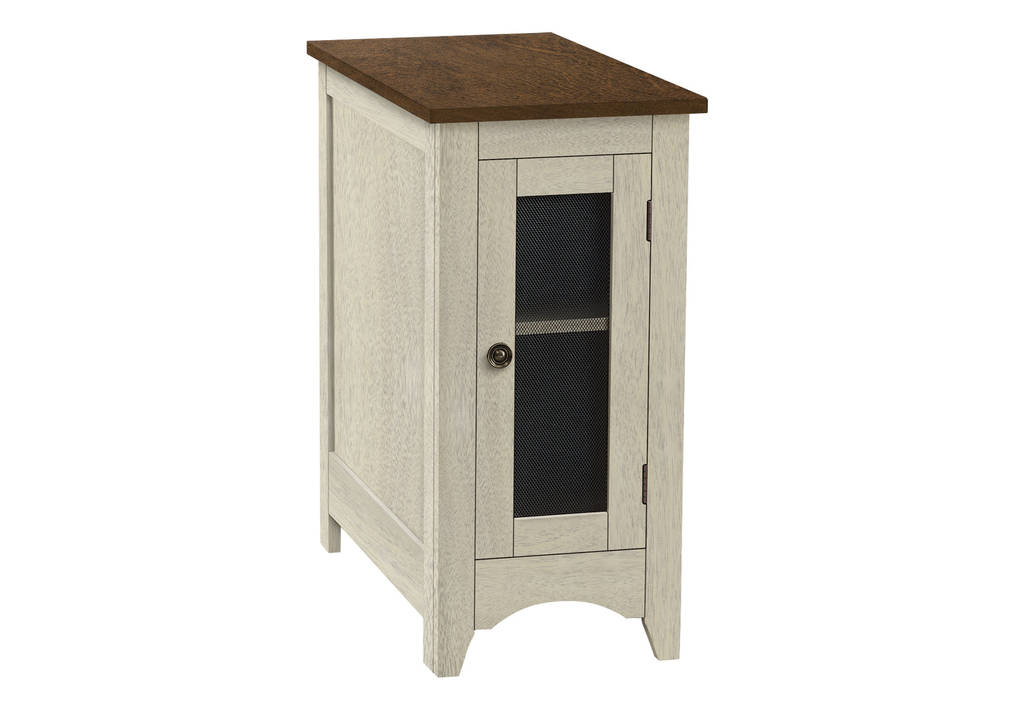 Rustic white wash wood cabinet with mesh door and dark wood top