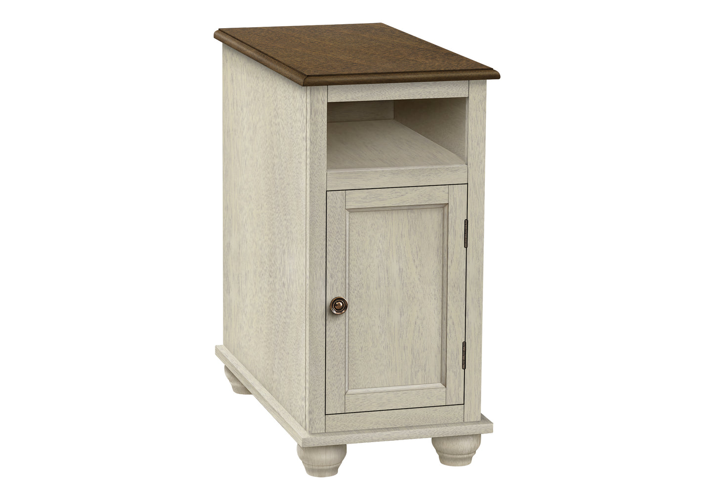 Distressed white accent table with a dark wood top and antique brass knob