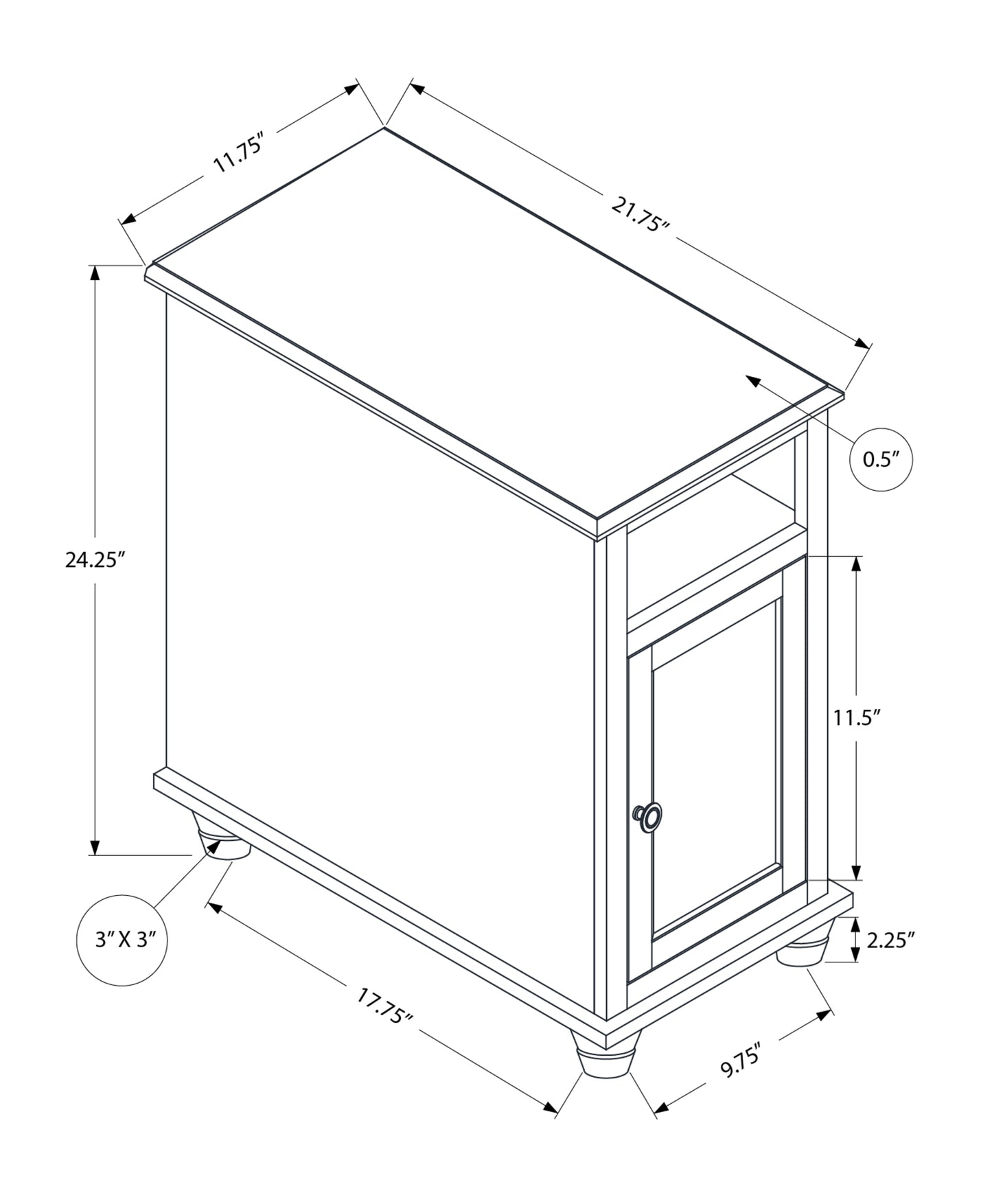 Diagram of a white accent cabinet with one drawer and one door showing dimensions H x W x D