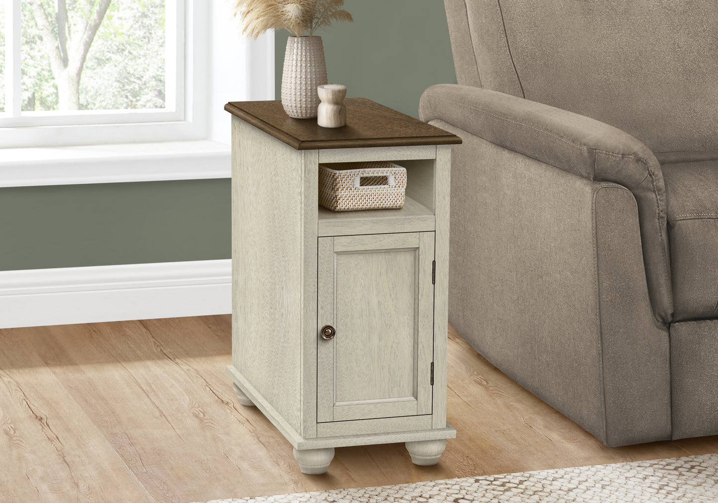 Antique white Ctable with dark wood top open shelf and cabinet perfect for living rooms