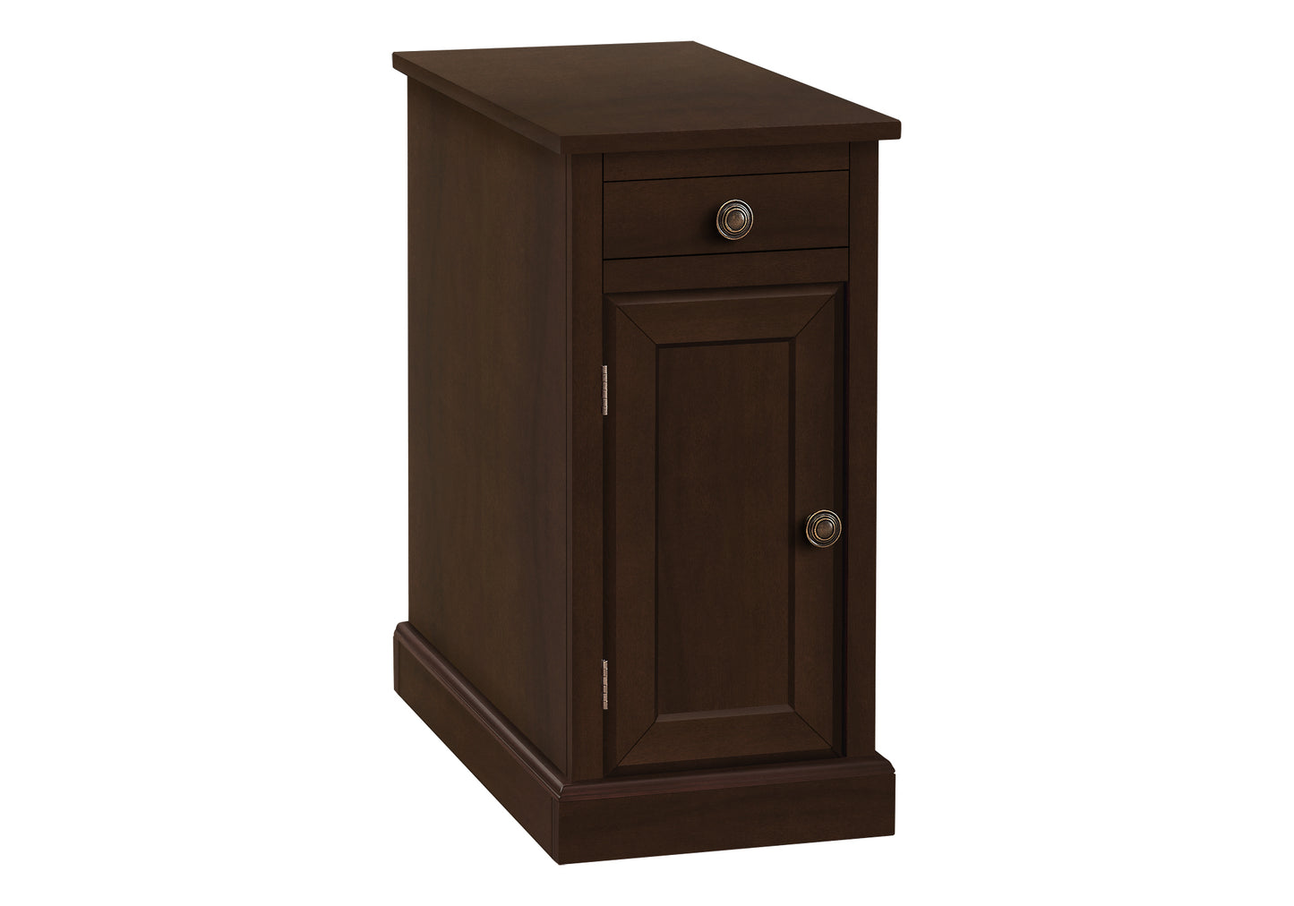 Dark brown wooden end table with one drawer and cabinet door