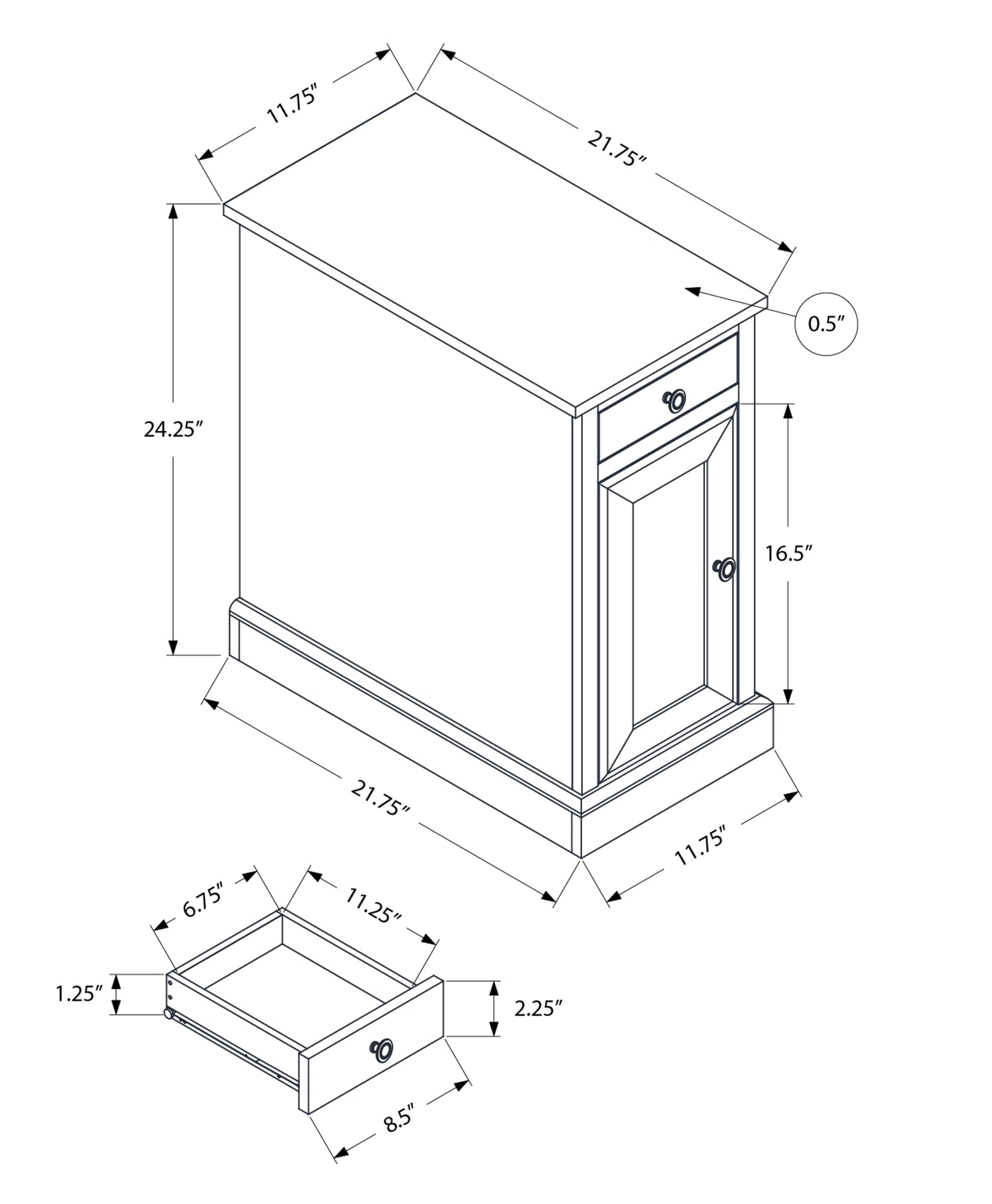 Technical drawing of a small end table with dimensions showing height width and depth