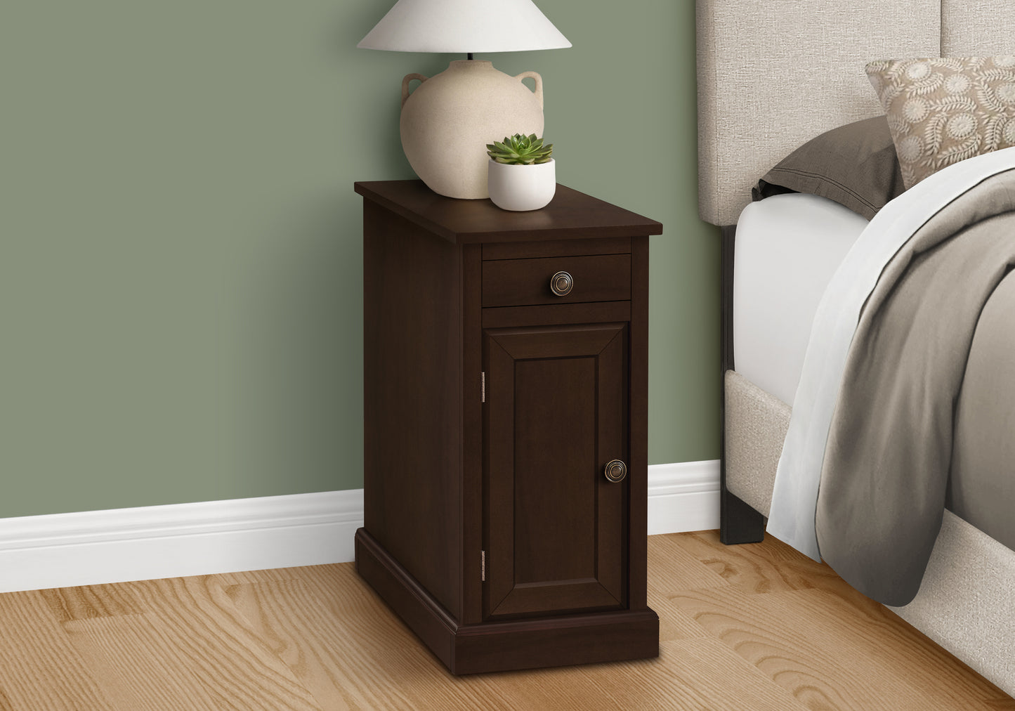 Dark brown wood end table with one drawer and one cabinet door