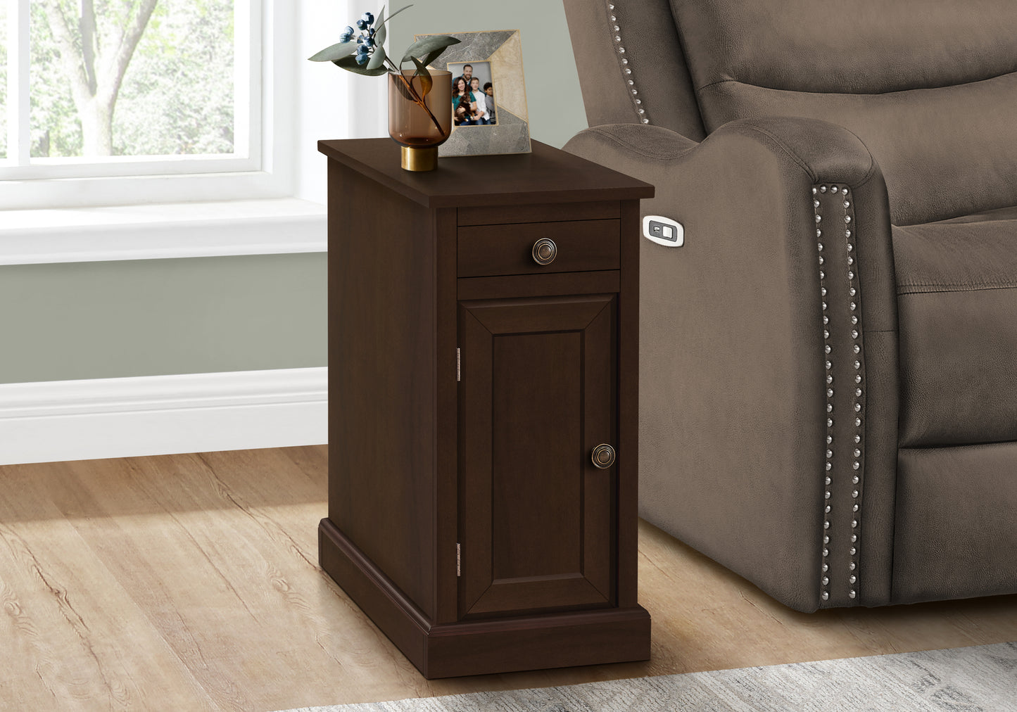 Dark brown wooden end table with single drawer and cabinet door modern design
