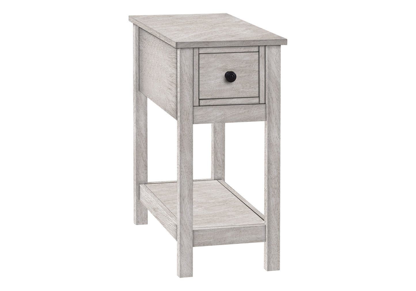 Distressed white narrow end table with one drawer and lower shelf