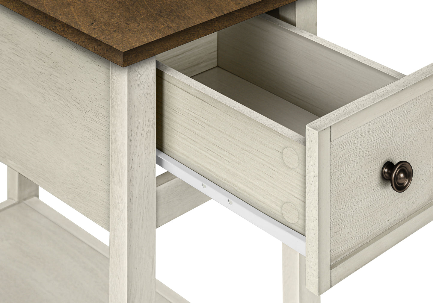 Rustic white side table with open drawer and wood top showing clean lines