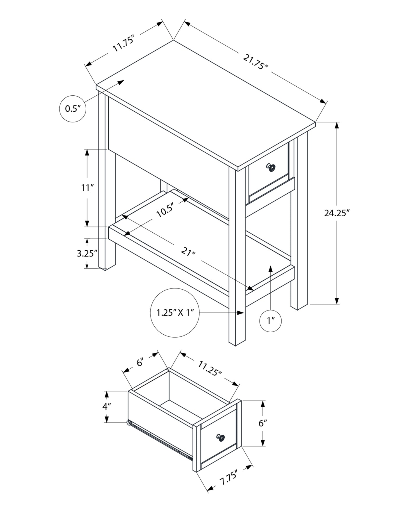 Line drawing of an end table high with dimensions and a separate drawer view