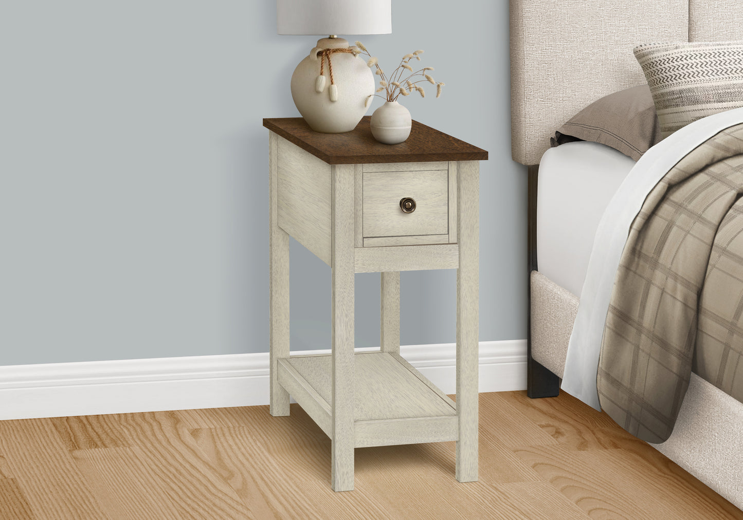 Distressed white farmhouse narrow end table with dark wood top and drawer