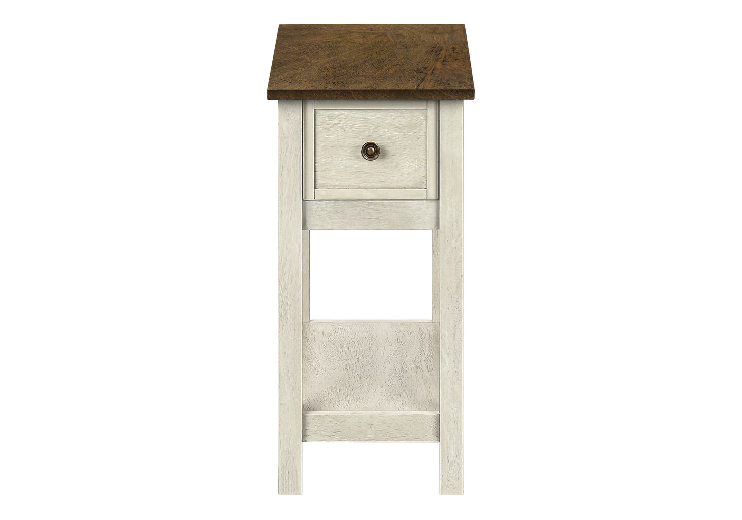 White and brown wood bedside table with one drawer and open shelf