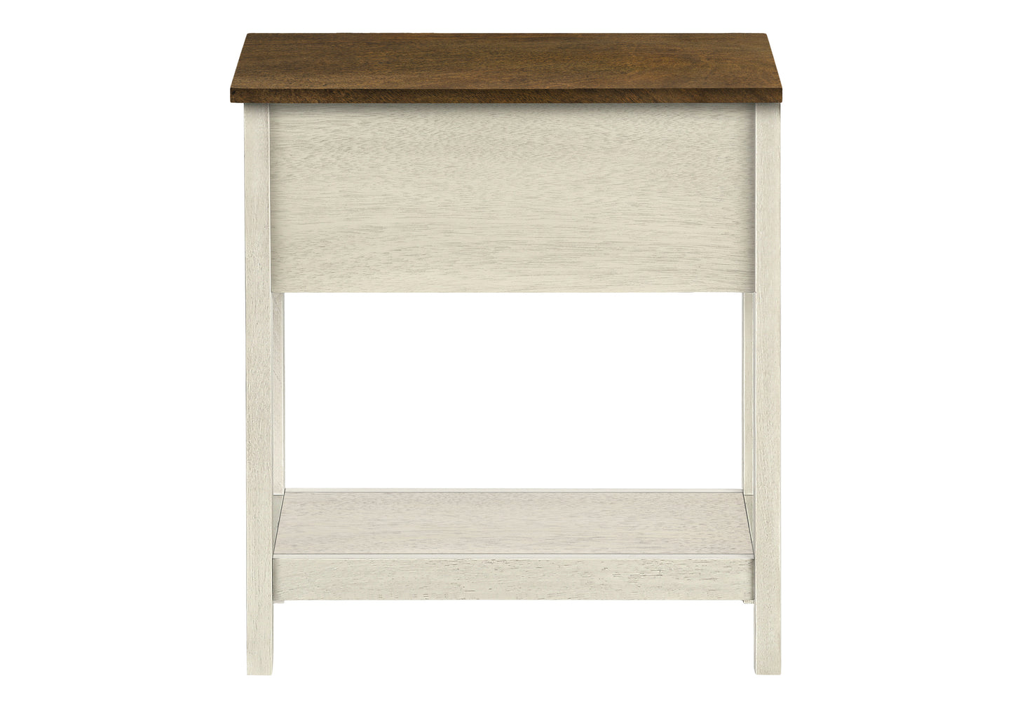 Cream wood accent table with dark wood top open shelf and straight legs