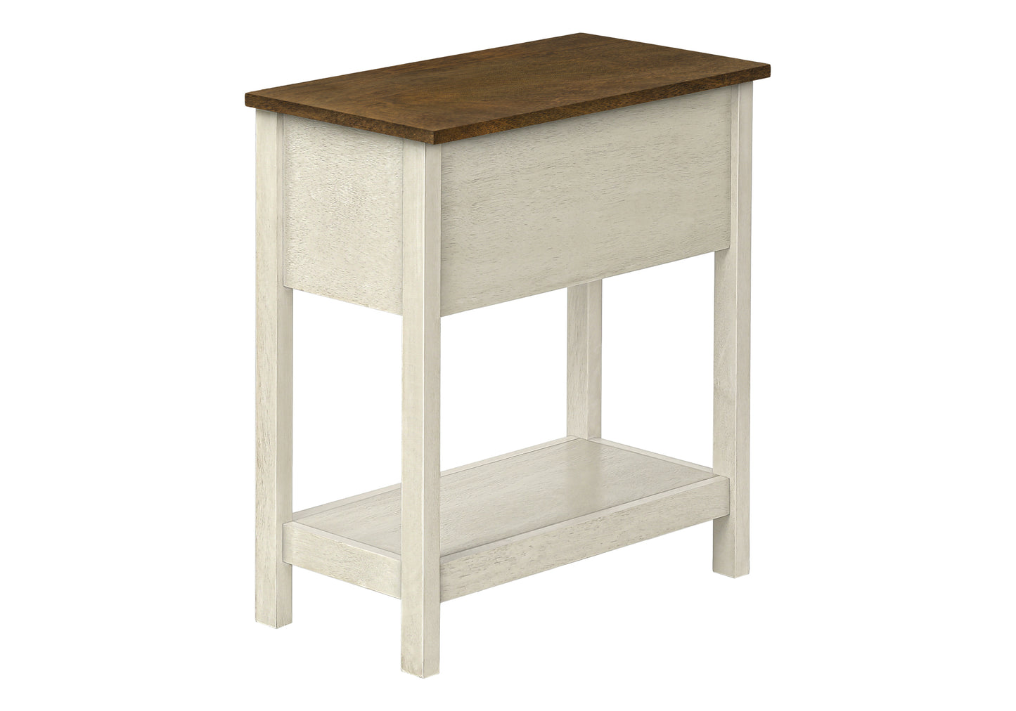 White and brown wooden end table with shelf