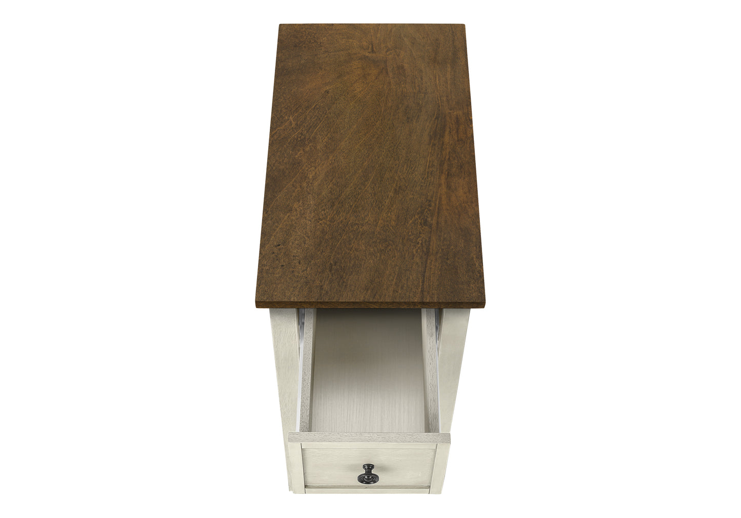 Top view of a narrow rustic brown wood end table with an open cream drawer