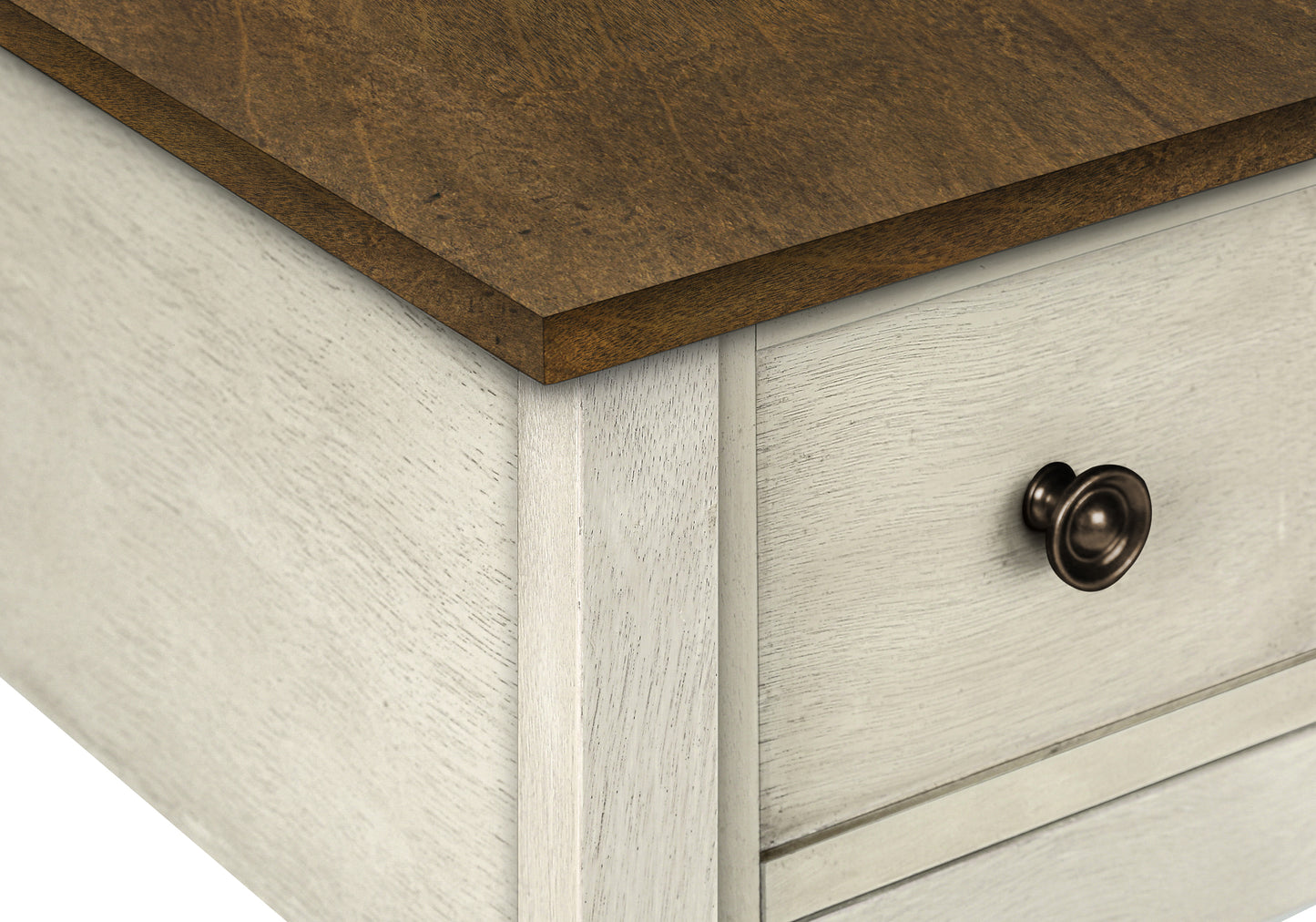 Distressed white wood dresser drawer with antique bronze knob and rustic wood top