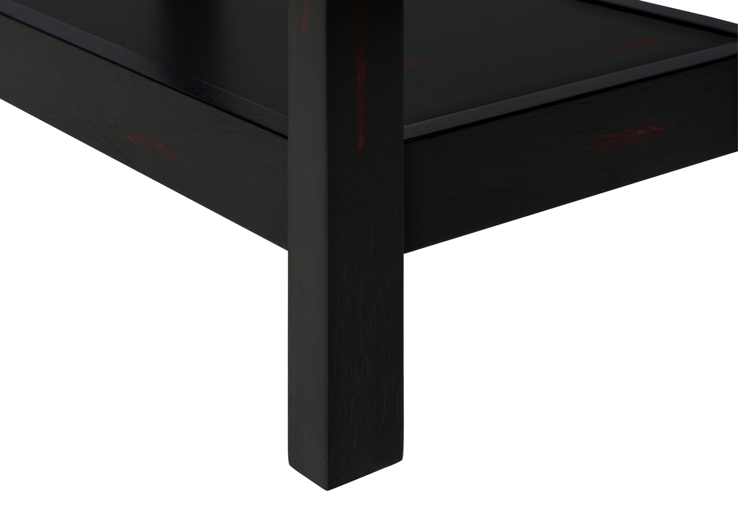 Black wooden side table leg with subtle red distressed accents