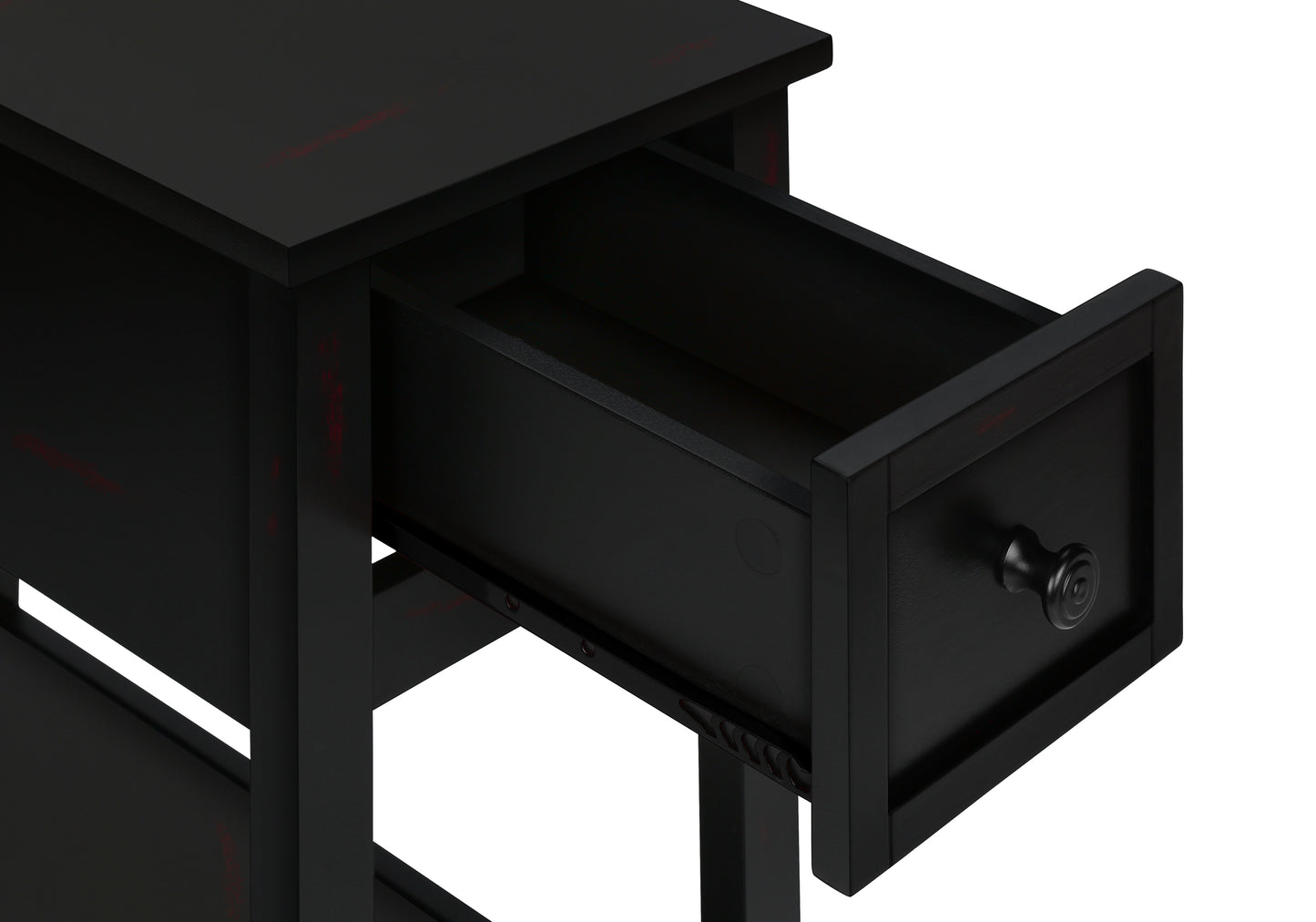 Black distressed wood end table with open drawer and black knob