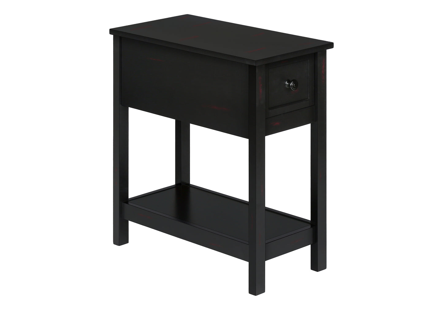 Black narrow side table with one drawer and open shelf