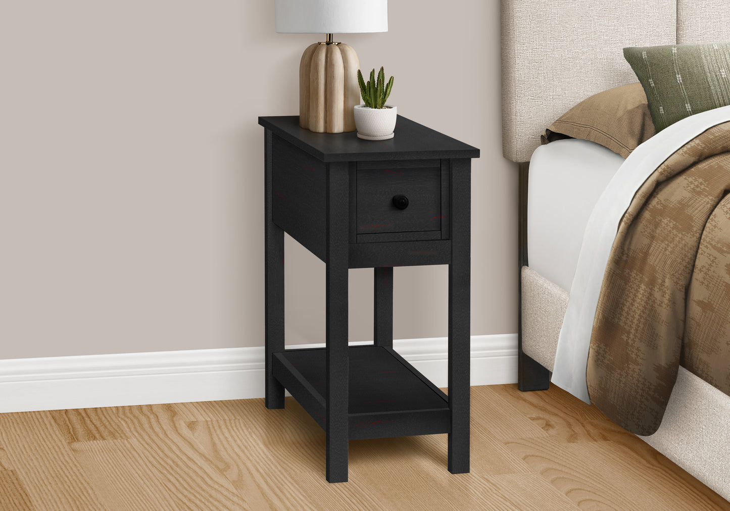 Black narrow side table with one drawer and open shelf for bedroom storage