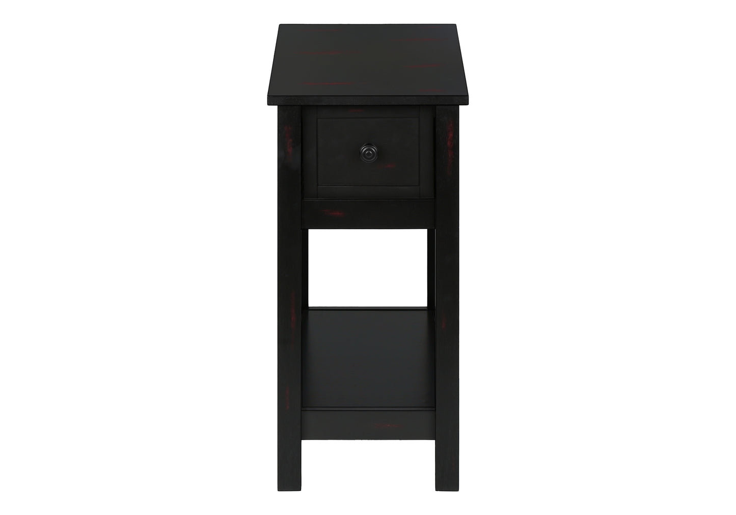 Black distressed wood end table with one drawer and open shelf