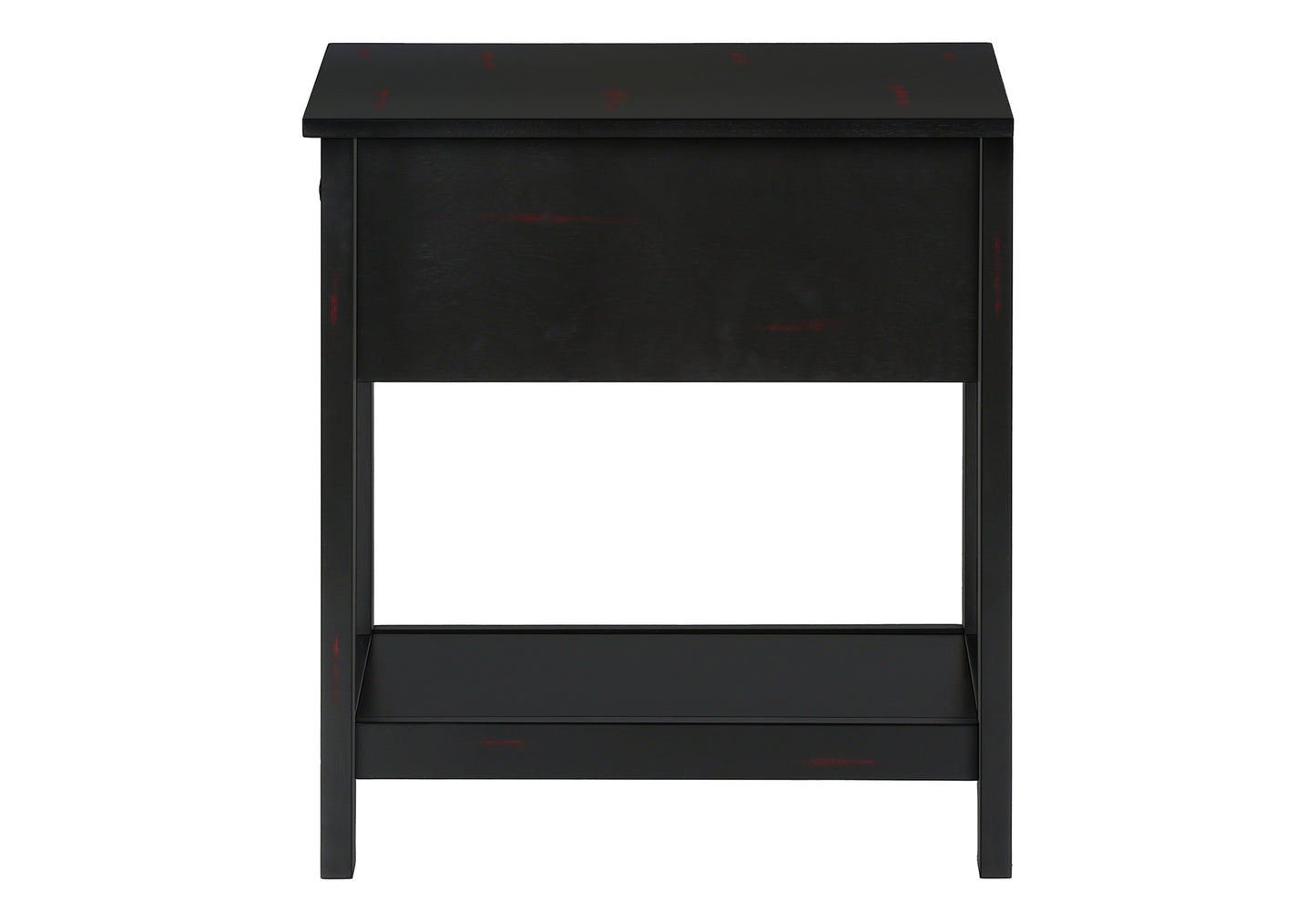 Distressed black end table with open shelf and subtle red accents